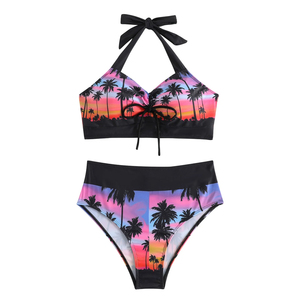 Women's Tree Print <b>Bikini</b> <b>Set</b> High Waist Two Piece Swimwear Stretch <b>Top</b> with Drawstring Detail Front Logo Sand Free - Product Image 5