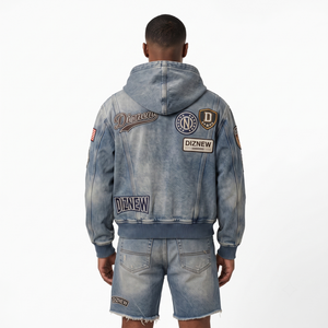 Conjunto de Sudadera con Capucha y Pantalones Cortos para Hombre, Estilo Y2K Vintage, 100% Algodón Lavado, con Parches y Cremallera, Personalizable con Logotipo OEM, Venta al Por Mayor - Product Image 2