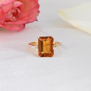 Natural <b>Citrine</b> Diamond <b>Ring</b> 14K Solid Gold Emerald Cut Gemstone Engagement <b>Ring</b> Wholesale Supplier - Product Image 2