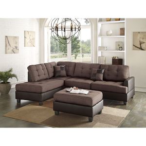 Divano Sezionale Reversibile a 3 Posti in Tessuto Cioccolato con Chaise Longue e Pouf, Cuscini in Polifibra, Arredamento per Soggiorno - Product Image 4