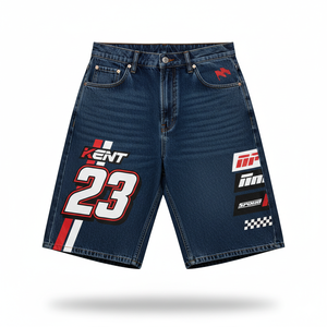 Pantalones Cortos de Mezclilla Holgados con Estampado de Carreras para Hombre, Estilo Urbano, Pierna Ancha, Lavado Vintage, Estilo Americano, OEM - Product Image 1