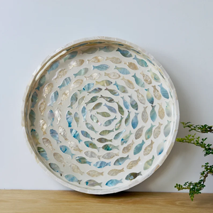 Yellow Mother of Pearl Inlay <b>Round</b> <b>Tray</b>, Floral Bone Inlay Serving Decor - Product Image 2