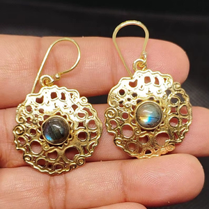 Beautiful Natural Flashy Labradorite Long Drop Earrings Solid Brass Gold Plated Beaded Design Bezel Set Handmade Trendy - Product Image 3