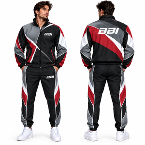 Ensemble de survêtement homme OEM contrastant, coupé-cousu, respirant en polyester, pour la gym et le fitness, avec veste coupe-vent zippée et pantalon de survêtement - Product Image 4