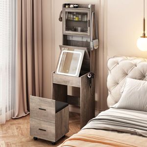 Compatto Mini angolo grigio Set di vanità piccolo spazio scaffali di stoccaggio luci LED stazione di ricarica nascosto sgabello trucco vanità - Product Image 1