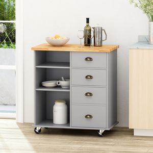 Carrello da Cucina Grande con Piano di Lavoro, Tavolo Laterale e Cassetti, su Ruote, per Sala da Pranzo e Cucina - Product Image 1