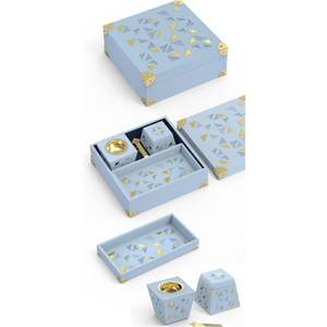 ชุดเตาเผากำยานทรงเรขาคณิตสีฟ้าอ่อนสุดหรู พร้อมถาดและกล่องเก็บของ วัสดุโลหะสีทอง สำหรับอูด บาคูร์ ของขวัญรอมฎอนแบบอาหรับ - Product Image 1