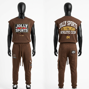 เสื้อยืดแขนกุดออกกำลังกายผู้ชายและชุดกางเกงคาร์โก้ผ้าคอตตอนผสมเนื้อหนักพิมพ์ลายโลโก้ตามสั่ง สไตล์สตรีทแวร์ เสื้อยืดและกางเกงขายาวผู้ชาย - Product Image 4