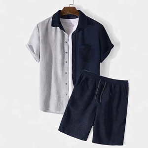 <b>Men's</b> Cotton Knitted Color Blocking <b>Short</b> Sleeve Shirt <b>Set</b> Casual Summer Breathable <b>Pajama</b> Outfit - Product Image 3
