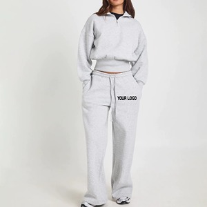 Women's Gray Half-<b>Zip</b> Sweatshirt <b>Jogger</b> Set Loose Fit Full Sleeve Solid Color Casual Tracksuit With Side <b>Pockets</b> - Product Image 1