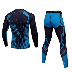 Custom Men's Training Tracksuit Blue Black Long Sleeve Rash Guard Base Layer Tights Fitness Gym Workout Activewear <b>Athletic</b> Wear - Product Image 2