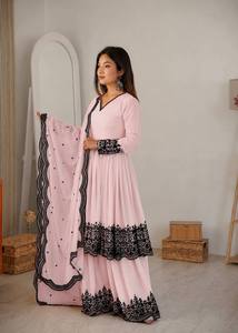 Premium Baby Pink Embroidered Sharara Suit Set with Heavy Lace Border Dupatta Designer Party Wear Ethnic Outfit for Women - Product Image 1