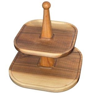 Handmade 2 <b>Tier</b> Acacia Wood <b>Cake</b> Stand With Gold Brass Leaf Handle Round Cupcake & Dessert Display Tray For Events In Low Price - Product Image 6
