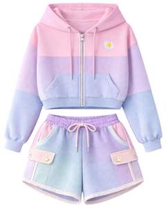 Conjunto de Sudadera Corta con Cremallera y Pantalones Cortos para Mujer, Rosa, Lavanda, Azul, con Estampado de Margaritas, Bolsillos Cargo, Estilo Casual, Poliéster y Algodón, Venta al por Mayor - Product Image 1