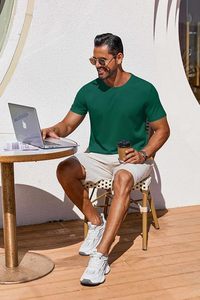 <b>Men's</b> Green Short Sleeve O-Neck Knitted T-<b>Shirt</b> Slim Fit Breathable Casual Solid Color Polyester Top - Product Image 3