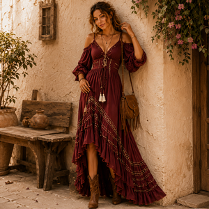 <b>Boho</b> Off Shoulder Maxi <b>Dress</b> Women Viscose Woven Breathable Anti-pilling <b>Summer</b> Beach <b>Dress</b> - Product Image 1
