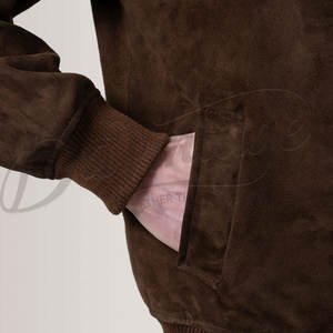 Veste en daim marron foncé pour homme, en véritable peau de mouton, style moto décontracté, coupe ajustée, avec poignets et ourlet côtelés - Product Image 1