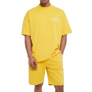 Conjunto de descanso extragrande amarillo sol de alta calidad Meyba Sports para hombre, camiseta de algodón suave de corte relajado y conjunto de pantalones cortos casuales. - Product Image 4