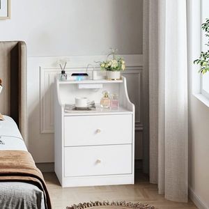 Comodino in Truciolato Bianco con 2 Cassetti, 1 Stazione di Ricarica Wireless, Maniglia Affusolata Dorata, 45x35x63cm, Set da 2 - Product Image 3