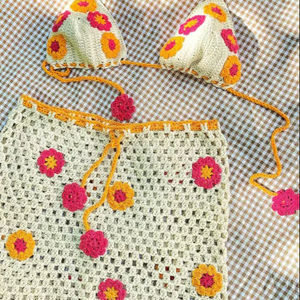 Conjunto de Falda y Bikini de Ganchillo con Flores Tejidas a Mano, Vestido de Punto de Verano, Atuendo Boho para Festivales, Ropa de Playa de Ganchillo, Estilo Y2K - Product Image 1