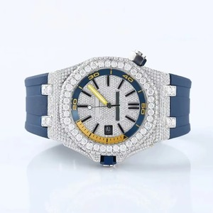 Half Iced Out Blue Strap Watch ETA Movement Square Case Stainless Steel Moissanite Luxury Style Auto Date 10 Bar Water Resistant - Product Image 3