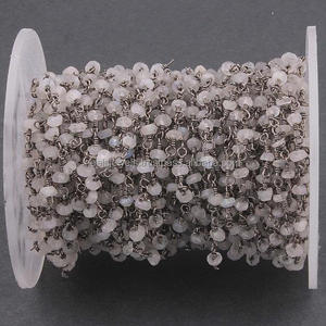 White Moonstone Beads <b>Rosary</b> Chain Roll Handmade Rainbow Moonstone Jewelry Findings Black Rhodium <b>Rosary</b> Chains - Product Image 1