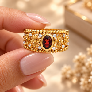 <b>Garnet</b> 925 Sterling <b>Silver</b> <b>Ring</b> - Oval Bezel Stone with Floral Filigree - Product Image 4
