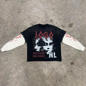 เสื้อยืดคอตตอนหนาน้ำหนักมากทรงโอเวอร์ไซส์สำหรับผู้ชาย พิมพ์โลโก้ตามสั่ง สไตล์วินเทจ ซักสองชั้น แขนยาว ประดับคริสตัล - Product Image 1