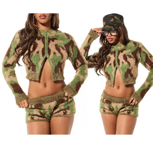 Camouflage Knitted 2 Piece Shorts <b>Set</b> Hooded Zipper Long Sleeve Cropped Top Above Knee Short Pants <b>Sexy</b> Club Wear - Product Image 5