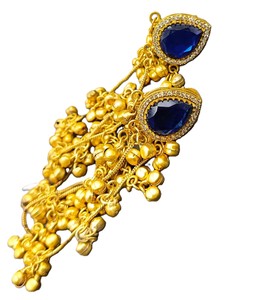 Pendientes Largos en Forma de Campana de Latón Dorado Hechos a Mano con Topacio Azul de Cachemira, Joyería Tradicional de Moda, Venta al Por Mayor - Product Image 4