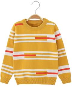 Kids Knitted Crew Neck Sweater Mustard Yellow Red White Stripe Design Winter Warm Soft Cotton Blend Pullover - Product Image 1