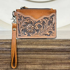 Bulk Factory Price Hand Tooled Genuine Leather Mini Zipper <b>Wallet</b> Floral Design Coin & ATM <b>Card</b> <b>Holder</b> Wristlet Unisex <b>Wallet</b> - Product Image 2
