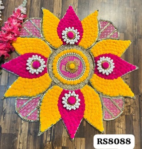 Tapis Rangoli de luxe Lotus Pom Pom réutilisable, décoration d'entrée Diwali, décoration de sol artisanale pour festival - Product Image 3