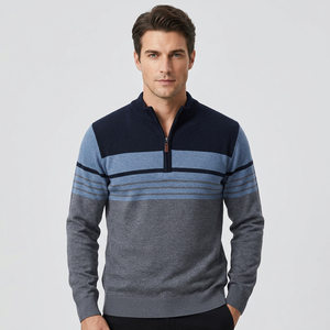 Pull tricoté rayé pour homme avec fermeture éclair 1/4, manches longues, veste d'automne, veste d'extérieur à demi-zip, fabriqué au Bangladesh - Product Image 4