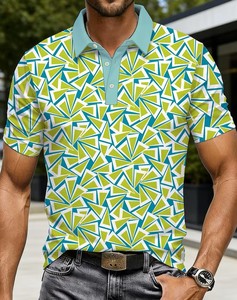 Men's Geometric Print Short Sleeve for Shirt Teal Green White Casual Breathable Jersey Cotton Front Logo - Product Image 2