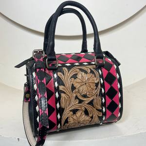 Nuevo Bolso Bandolera Pequeño de Cuero Vacuno Repujado a Mano Estilo Western con Cuadros Turquesa, Bolso de Barril, Bolsa de Viaje - Product Image 4