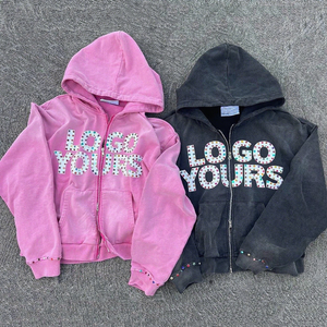Custom Logo Rhinestone <b>Work</b> Zipper-up Hoodie Bling Graphic Design Sweatshirt Streetwear Hip Hop Acid Wash Crystal Hoodies - Product Image 4