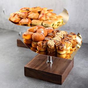 Modern Style <b>Cake</b> <b>Stand</b> Featuring A Curved Polished Gold Metal Wing Plate Atop A Square Natural Wooden Block Base <b>Stand</b> For Home - Product Image 6