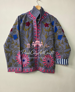 Handcrafted Grey Velvet Suzani Embroidery Woven Breathable Eco-Friendly Premium <b>Quilted</b> Winter Jacket Boho Chic Women Full - Product Image 5