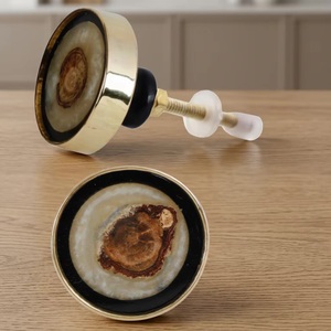 Round Brass Cabinet Knob with Resin Wood Inlay Industrial Design for Kitchen Home Office Living Room Furniture Handles <b>Drawers</b> - Product Image 1