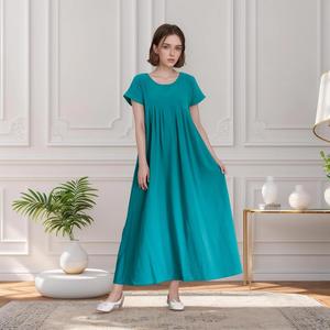 Vestido Maxi de Lino y Algodón Turquesa para Mujer, Cuello Redondo, Corte Holgado, Estilo Casual de Verano - Product Image 1