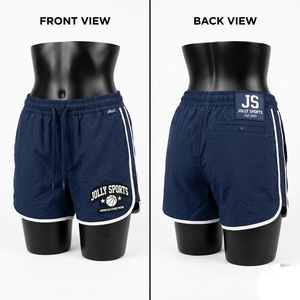 Shorts coupe-vent en nylon Taslon 120 GSM, bleu marine, légers, résistants à l'eau, avec bande latérale et logo personnalisé, pour femmes - Product Image 6