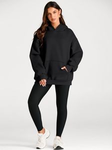Sweat à capuche oversize en polaire pour femme, noir uni, coupe classique, manches longues, décontracté, hiver, avec badge sur le devant - Product Image 6