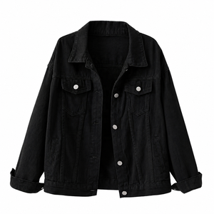SPARKWELL INDUSTRY Women's Black Denim Eco-Friendly 100% Cotton <b>Trucker</b> <b>Jacket</b> Long Sleeve Button Front Turn Collar Casual - Product Image 1