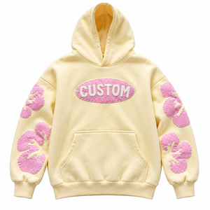 Sweat-shirt unisexe décontracté jaune clair à fermeture éclair en molleton bouclette, coupe oversize, avec poche kangourou, appliqué fleur et patch lettre - Product Image 1