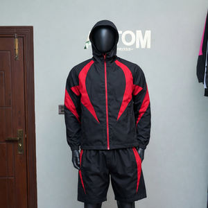 Ensemble de survêtement 2 pièces en tissu plissé respirant imprimé à carreaux, veste zippée et short, coupe-vent en nylon personnalisé pour l'hiver - Product Image 2