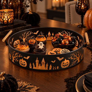 Plateau de service rond d'Halloween avec poignées |   Plateau en métal noir et or avec découpe en forme de citrouille, chauve-souris et château pour bonbons, snacks et fêtes - Product Image 4