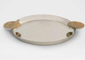 Mirror Finish Solid Metal Luxury <b>Serving</b> Tray Round <b>Buffet</b> <b>Platter</b> with Wooden Handles for Restaurant Catering Decor - Product Image 2