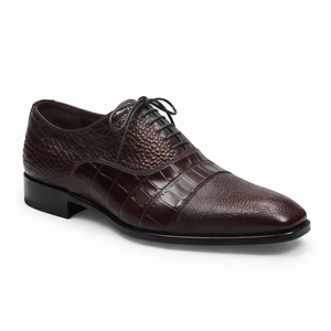<b>Men</b>’s Dark Brown Textured Leather Oxford Shoes with Crocodile Pattern and Lace-Up Design - Product Image 3