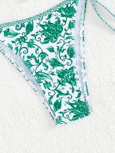 Tough Band Halter Neckline Floral Pattern Bikini with <b>V</b>-<b>String</b> Bottom 2-Piece Set in Spandex/Nylon Fabric Custom Beachwear - Product Image 6